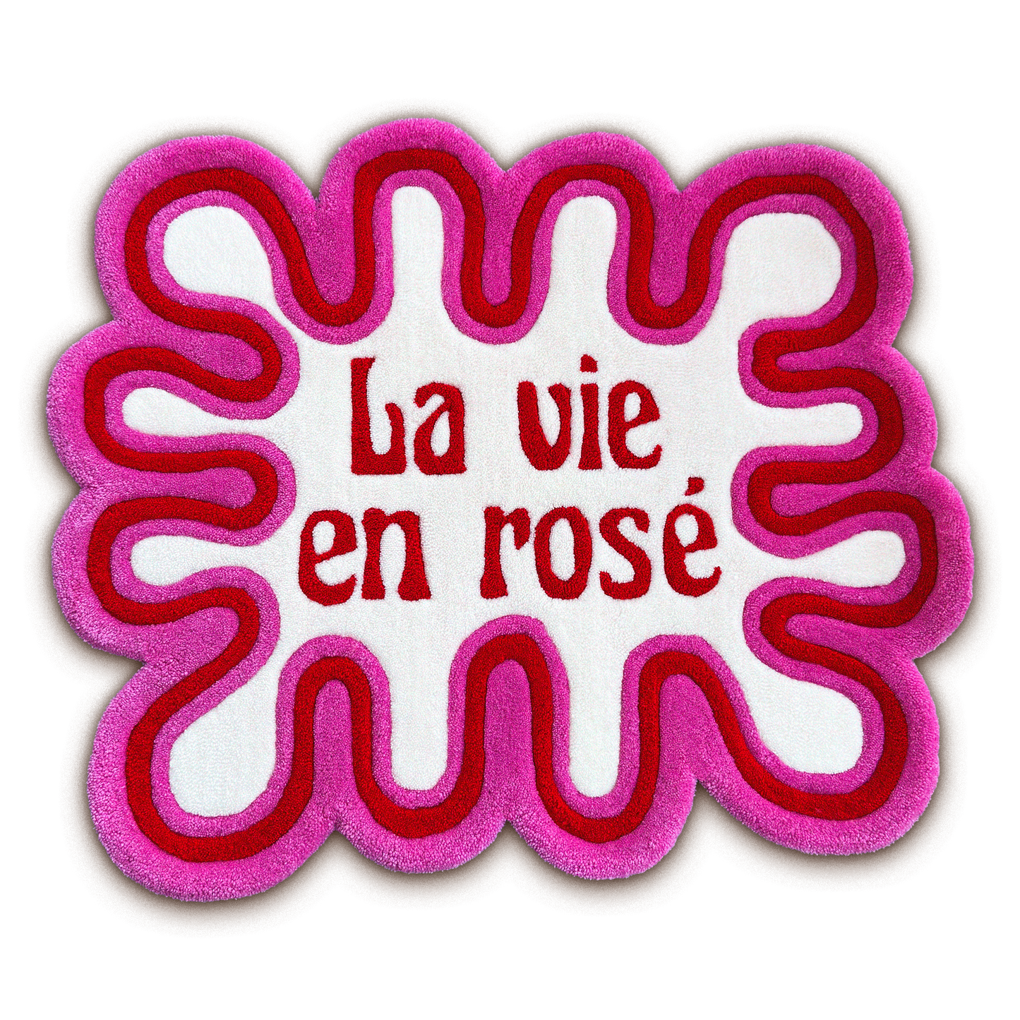 La Vie en Rosé hand-tufted art rug — wavy pink and crimson, 68x85 cm, limited edition
