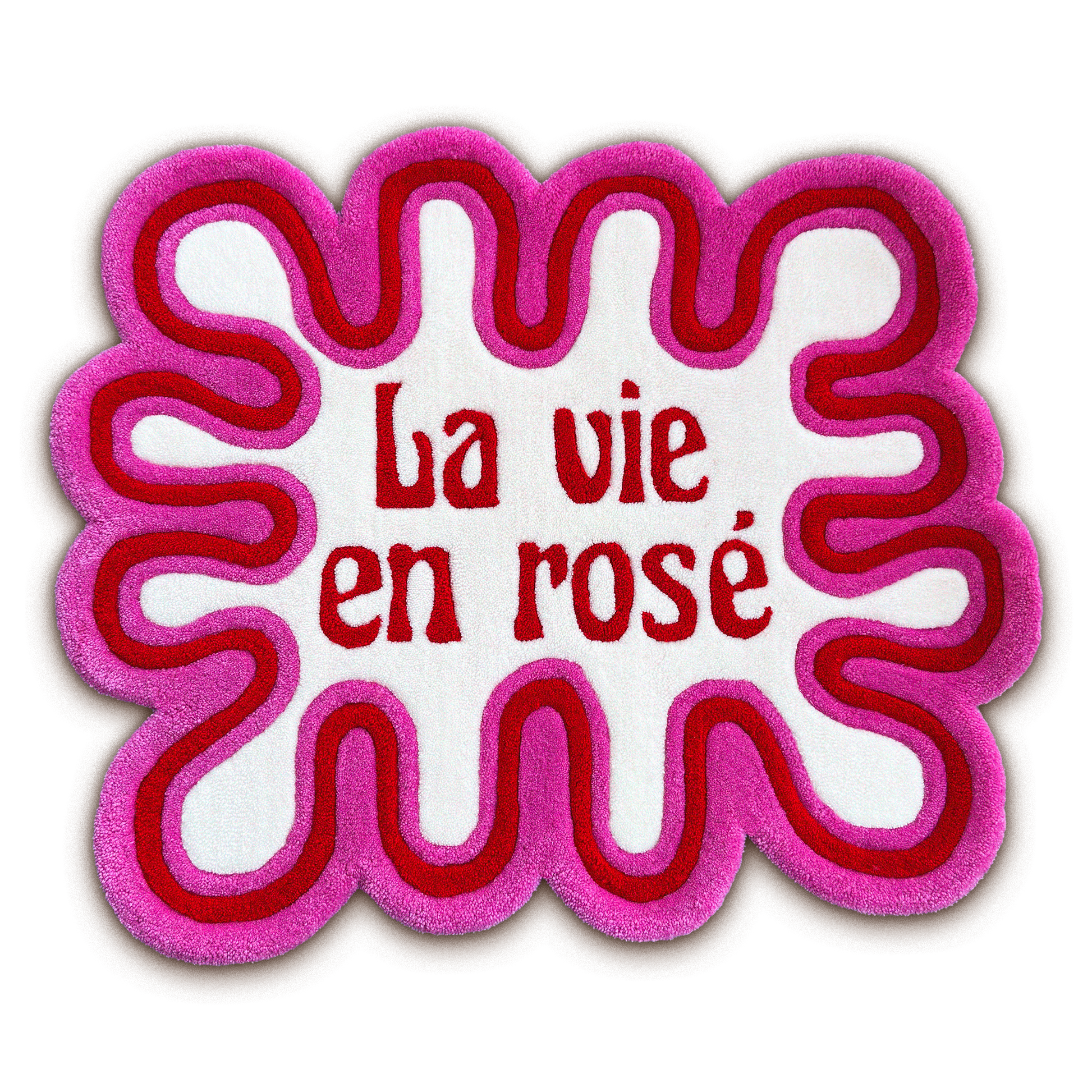 La Vie en Rosé hand-tufted art rug — wavy pink and crimson, 68x85 cm, limited edition